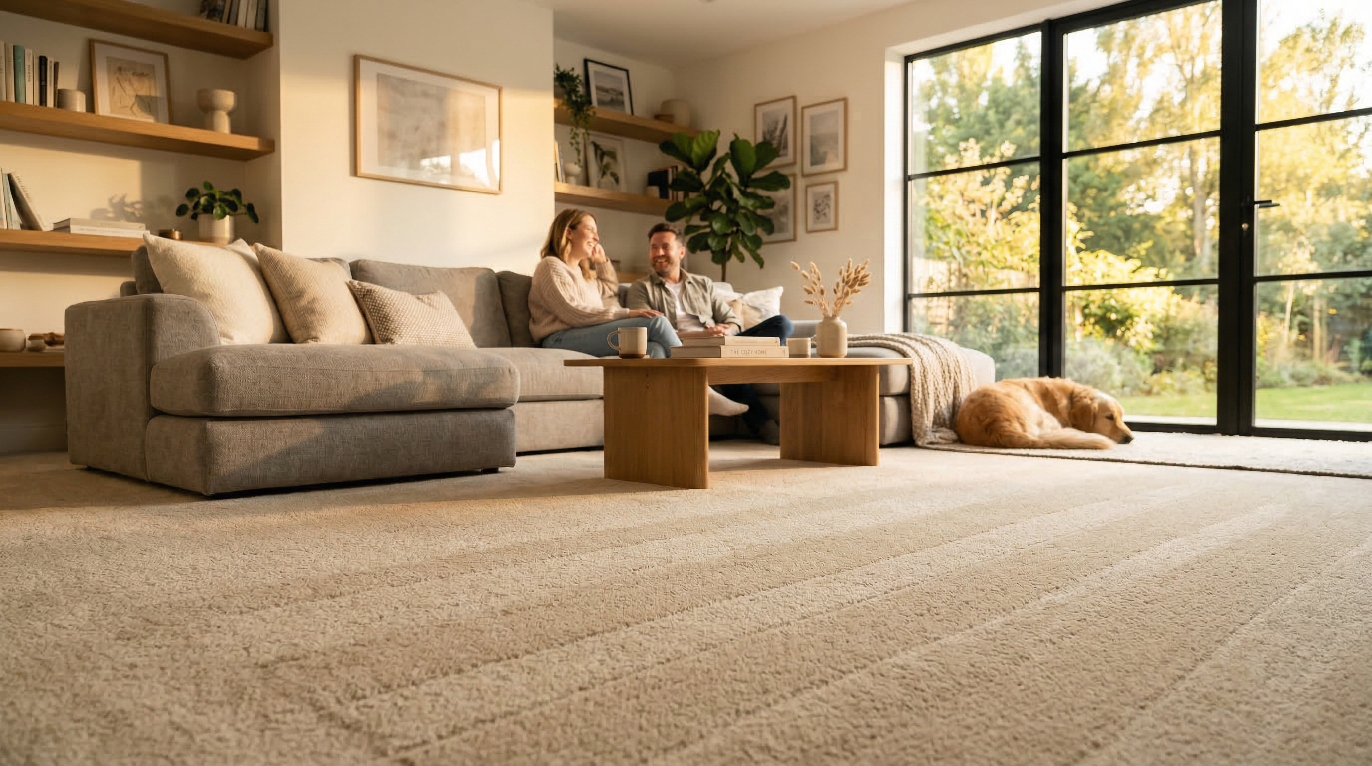 A beautifully clean modern living room with pristine carpet